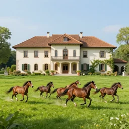 beautiful house in italy, green space, 4k, high detail, with horses running wild