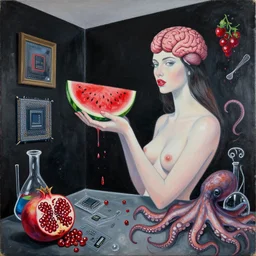 apartment with black walls, portrait of a woman holding a brain, watermelon, berries dripping juice, pomegranate, sensual, computer chips, berries, octopus, scientific glassware, neo - expressionism, surrealism, acrylic and spray paint and oilstick on canvas