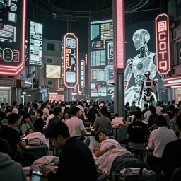 futuristic neon signs in a scene of ( millions of people ) waking up, ( ( robot cyborgs ) ), ( ( led panel screens and projections ) ), ( intricate details ), dynamic lighting, ( octane render ), ( ( ( vertical led strip lighting ) ) ), 3 5 mm lens, film grain, ( ( ( highly desaturated ) ) ), ( high contrast )