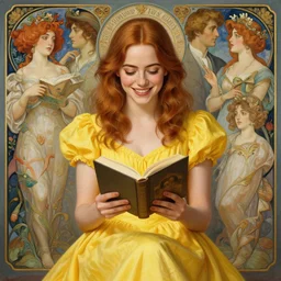 a smiling emma stone wearing a yellow dress and reading a book, masterpiece, intricate, elegant, highly detailed, digital painting, artstation, concept art, smooth, sharp focus, illustration, art by artgerm and greg rutkowski and alphonse mucha and uang guangjian and gil elvgren and sachin teng, symmetry!!