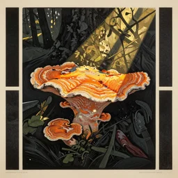 cosy warm little summer, by gediminas pranckevicius, dark shadows, woodblock, complementary - colors, tremella - mesenterica, poster, polished, enlightenment, sunshine, ray of light, by james gilleard, a touch of beksinski