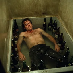 the top shot of the old bathroom where old drunkard ( ( joaquin phoenix ) ) lying in many empty beer bottles in the water, still shot from the movie of stanley kubrick with cinematography of christopher doyle, dark old dirty room, anamorphic, kodak film, sharp focus, realistic, 8 k