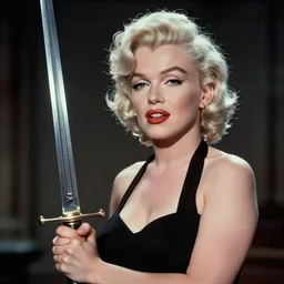 marilyn monroe holding sword, realistic, 4 k, cinematic