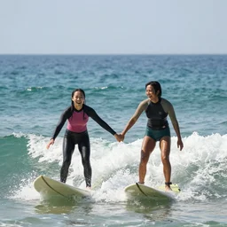photo of two happy laughing avocados holding hands on the surfboards in the middle of the ocean