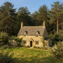 small tudor cottage in a field near a pine forest, blue sky, fantasy, concept art, high angle, highly detailed, warm lighting, by john constable