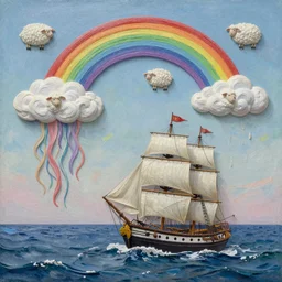 3d high relief painting of sea like jelly,Rainbow clouds like sheep floating lightly in the air, Sailing ship with flying flags,dreamy, soft , highly detailed,  expressive impressionist style, in the style of Yuri Anatolyevich Obukhovskiy