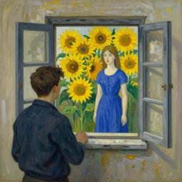 a painting in the style of paul klee, a man looks through the window of an old house and sees a woman in a blue dress surrounded by sun flowers
