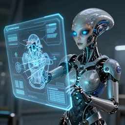 A female cyborg extraterrestrial plastic and metal warrior with beaming nebulous eyes writing on a three-dimensional. computer hologram, insanely detailed