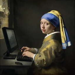 painting of a royal female cosmonaut using a computer by Vermeer, Dutch Golden Age