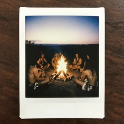 a grainy Polaroid selfie of a group of cavemen around the fire at dawn
