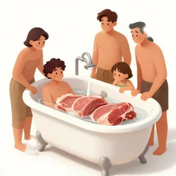 a bathtub full of meat surrounded by a hungry family