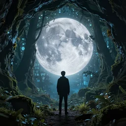 a man standing in the cave going towards dreamy forest of moon, glowing , digital, highly detailed ,HD ,rule of third