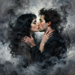 couple kissing, magical art portrait covered in black smoke from heaven, abstract, surreal, painted by michael whelan, artgerm, greg rutkowski and luis royo