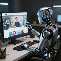 a female metalic robot painting a picture of a website designer sat at a computer desk, 4k, unreal 5