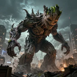 a giant lovecraftian groot destroying a city, epic lighting, realistic