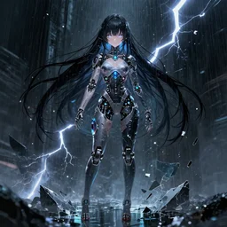 full body!!!, digital dark cyberpunk anime!!, shattered beautiful cyborg - girl in the style of arcane!!!, lightning, raining!!, water refractions!!, black long hair!, colorful reflective eyes, full round face!, biomechanical details, mid - shot, reflections, wlop, ilya kuvshinov, artgerm