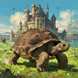 giant tortoise walking with a large fantasy castle armor, distant shot birds eye view, fantasy, hyper detailed, 4 k, howls moving castle, mortal engines,
