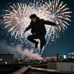 visually striking character jumping between rooftops in a cool fashion during new years fireworks