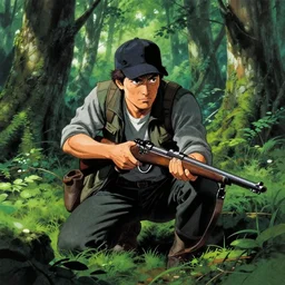 1 9 8 0 s japanese illustration of man with a baseball hat and a rifle, crouching through a lush old green forest, detailed illustration, tense atmosphere, 1 9 8 0 s stephen king,