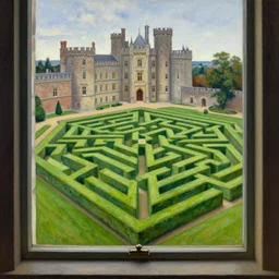 the surrealistic view from inside the castle window to the mediumheight green grass maze, edgy labyrinth, four seasons, by jacek yerka, by levitan, oil on canvas, acrylic, digital art, royal academy, masterpiece, trending on artstation, cinematic composition, sharp, details, hyper - detailed, hd