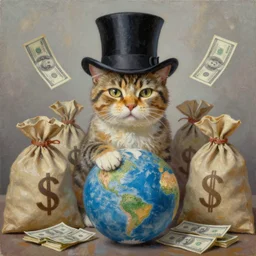 An oil painting of a cat wearing a top hat surrounded by bags of money with its paw on a globe, award winning art