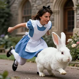 tom cruise as Alice in Wonderland chasing the white rabbit, hyperrealistic, highly detailed, depth of field, High definition, 8k,  octane render, artstation