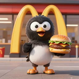 a mc donalds commercial with a 3d Crow holding a Burger , commercial, 3d render, Mc donalds, 4k, sharp, by Beeple, Octane Render, cinema 4d