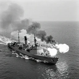punk-punk naval battle, shots fired, clouds of smoke, cinematic wide shot, aerial view, high res, 120 film black and white photograph