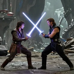 Alex Guinness fights Ewan McGregor in a lightsaber-duel, alien landscape in the background