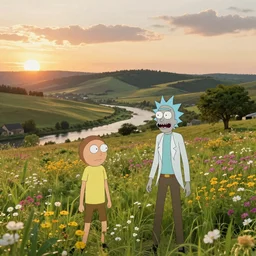 realistic rick and morty in a field. france, dordogne, hills, ultra high,, detail, 8 k, sunset, flowers, trees, river, hills, octane render.