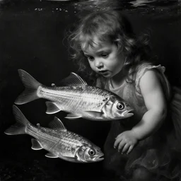 little fish, big fish, swimming in the water come back here, man, gimme my daughter, by hieronymus bosch hyper realistic, dark fantasy detailed, high definition insanely detailed, bitter super - resolution microscopy dark lighting, x - ray black and white