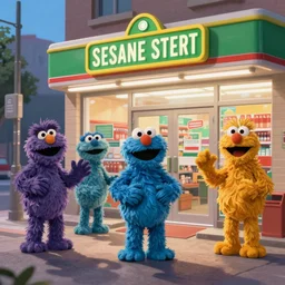 Sesame Street Muppets rob a convenience store on the main street