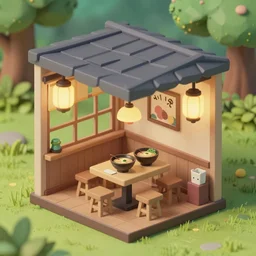 outside view of miniature classy ramen shop, chinese lamps, table and seats, bowls of ramen on the table, situated in an enchanted forest, studio ghibli style, hayao miyazaki drawings, spirited away, clean, low poly art, detailed, isometric view, artstation, behance, global illumination, 3 d illustration, kawaii, pastel colors