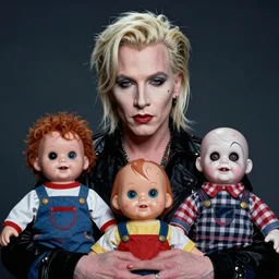 a portrait photograph of marilyn manson, and the most cursed creepy kid toys, in 1 9 9 0 s, studio light photography, high definition, 8 k, taken by steven meisel