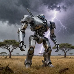 giant mechanical robot wildlife walking on the african plains, futuristic robot organisms, digital matt painting, fantasy art, another world, acacia trees, dramatic lighting, lightning, heavy rain
