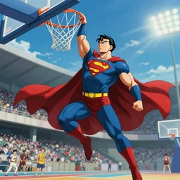 ultra realistic movie still of superman going for a dunk on a street basketball court, art by akira toriyama, 4 k, dragon ball artstyle, cel shaded, highly detailed, epic lighting