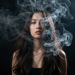 candid portrait of a very very beautiful young filipino woman with narrow face and flowing long hair, surrounded by dramatic swirling thick dreamy smoke, face partially obscured, dark background, by conrad roset, abstract, thought provoking, dramatic lighting, trending on artstation