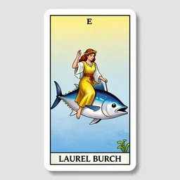 a tarot card of a woman riding a tuna, tarot card, by laurel burch, behance contest winner, art nouveau, tarot card, flat shading, flat colors ( 4. 1 % )