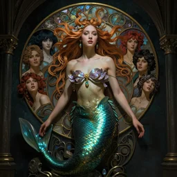 stunning, breathtaking, awe-inspiring award-winning realistic concept art face portrait of mermaid goddess Ashley Liao, by Alphonse Mucha, Ayami Kojima, Amano, Charlie Bowater, Karol Bak, Greg Hildebrandt, Jean Delville, and Mark Brooks, Art Nouveau, Neo-Gothic, gothic, rich deep colors, cyberpunk, extremely moody lighting, glowing light and shadow, atmospheric, shadowy, cinematic, 8K