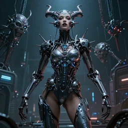 a epic beautiful girl in leotard and pantyhose, cyberpunk style, super complex and instruct, epic stunning atmosphere, hi - tech synthetic rna bioweapon nanotech demonic monster horror by syd mead, michael whelan, jean leon gerome, junji ito