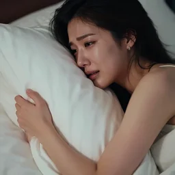 ultra high resolution photograph a beautiful young woman crying desperately on her bed. she is from south korea. right profile photo. her face is partially obscured by a pillow. she is holding pillow tightly in her hands. she is wearing make - up and expensive jewlery. the light is dim, and the colours are muted. kodak ektar 1 0 0.