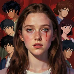 portrait of eleven from stranger things, nose bleed, looks like millie bobby brown, by atay ghailan & akira toriyama & ken sugimori & takeshi obata & hiromu arakawa & masashi kishimoto & yusuke murata & hayao miyazaki & masashi ando,