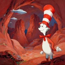 Red Flute Cave landscape in the style of Dr. Seuss, starships, painting by Ralph McQuarrie