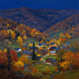 painting of autumn village landscape during night, award winning painting, beautiful, breathtaking, stunning scenery, trending on artstation, masterpiece, high definition, 8 k