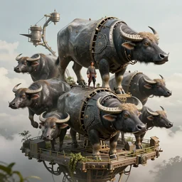an intricate concept illustration, fantasy, asian farmer on a platform, mechanical large water buffalo biomes, megafauna, ultra photorealistic, ultra sharp, artstation, cgsociety, masterpiece, by wlop, octane render, cinematic lighting, 8 k