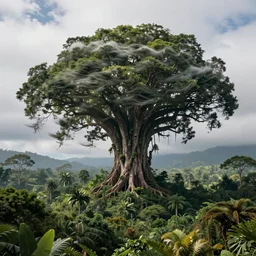 giant tree with strong winds in the clouds at the top, surrealist, dmt, dmt, 5 meodmt, blissful landscape, love, high defined jungle, mother ayahuasca, ecstasy, bliss, sanctuary, sacred, by christophe vacher