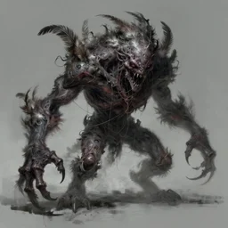 concept art of a terrifying monster composed of feathers and string, twisted nightmare, brush hard, artstation, panormic, high quality, brush stroke