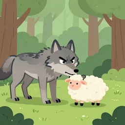 minimal animal art, angry wolf biting a cute sheep, forest, by artsy kiddo
