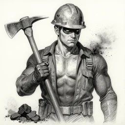 coal miner man, marvel superhero!!, coal dust, hard hat, pickaxe, super suit, fanart, pencil sketch