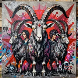 ultra detailed satanic baphomet goat masterpiece portrait by shepard fairey, josan gonzalez, sachin teng, dan mumford, symmetrical, majestic, epic, organic matte painting, hard edges, graffiti, street art